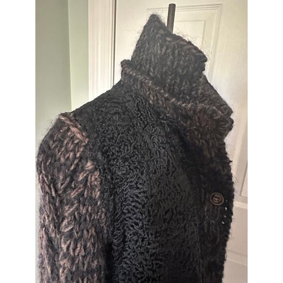 Vintage Persian lamb cable knit sleeves wool jacket coat vest black woman SZ L - Picture 3 of 16